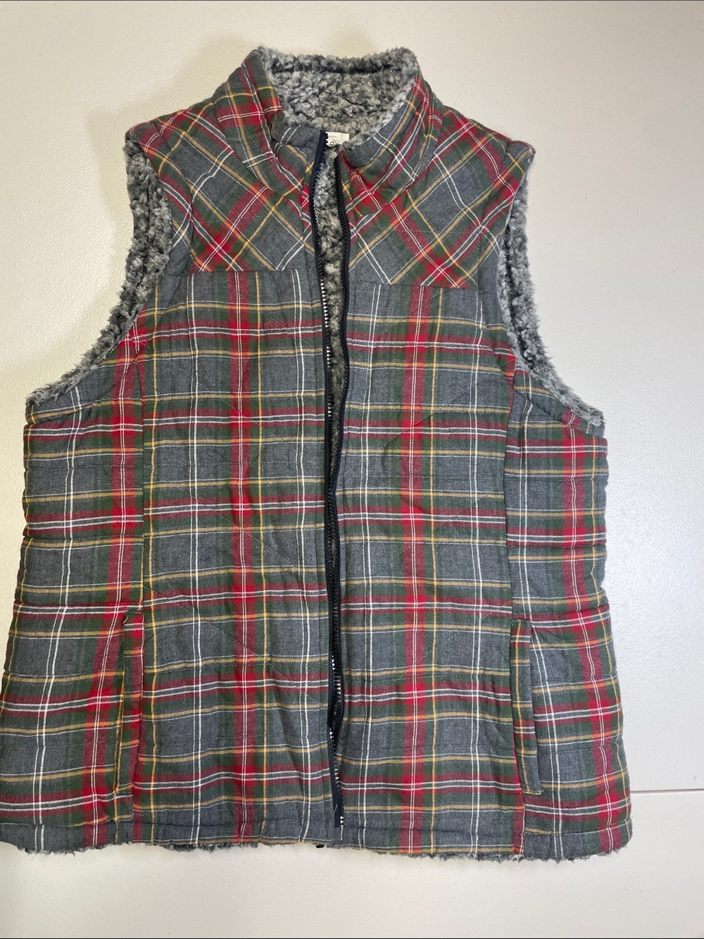 Plaid Sherpa-Lined Vest in Gray, Red, Green